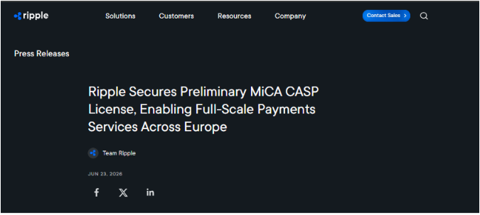 The image shows a webpage for Ripple, which has a blue header and footer. The main content of the page is about a company called Ripple, which provides services across Europe. It also mentions that they have been granted a CASP license by Luxembourg's CSSF, allowing them to offer regulated crypto payments in all 30 European countries. This information can be found at the bottom right corner of the image.