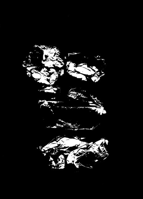A high-contrast black and white abstract image depicting an unrecognizable chaotic subject.