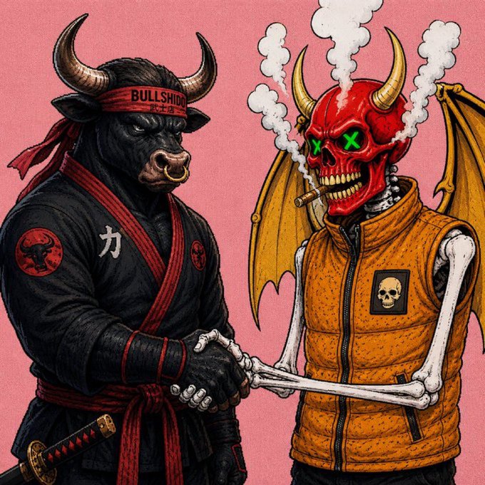 A stylized illustration shows a muscular black bull wearing a martial arts gi with the word 'BULLSHIDO' on its headband, shaking hands with a smoking, green-eyed demon skeleton in an orange vest.