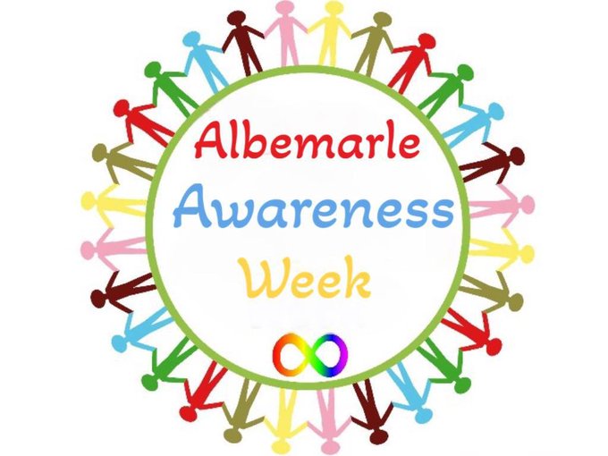 A colorful circular logo featuring stick figures holding hands around the text "Albemarle Awareness Week" with an infinity symbol, representing community and inclusion in relation to Albemarle (ALBEMARLE) stock holders.