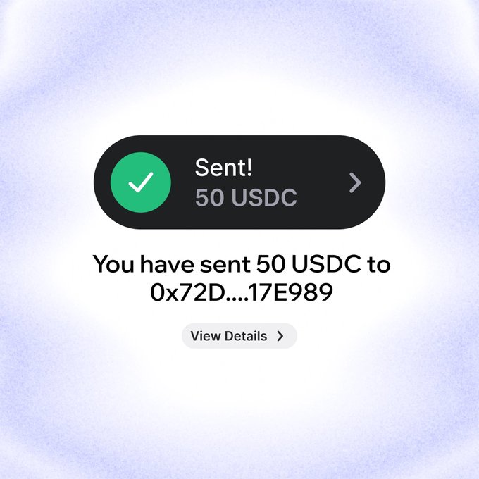 A confirmation screen displays "Sent! 50 USDC" with the message "You have sent 50 USDC to 0x72D....17E989," reflecting the post's mention of sending "a little something" to mark the launch of a new homepage.