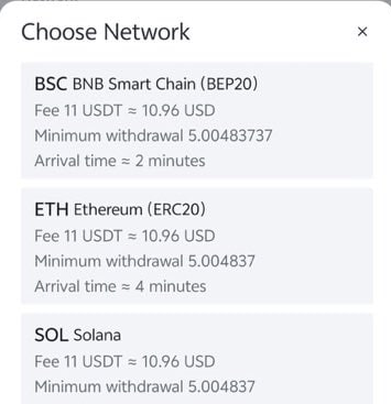 A 'Choose Network' dialog showing cryptocurrency withdrawal options including BSC BNB Smart Chain (BEP20), ETH Ethereum (ERC20), and SOL Solana, each with a fee of 11 USDT (≈10.96 USD) and minimum withdrawal of 5.00483737.