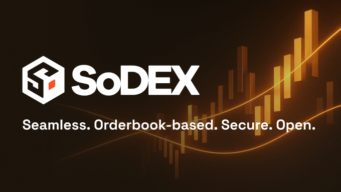 A promotional graphic for 'SoDEX' features a hexagonal logo and the tagline 'Seamless. Orderbook-based. Secure. Open.' against a dark background with orange candlestick chart graphics.