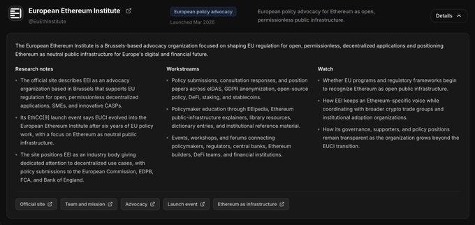 An X/Twitter profile page for the European Ethereum Institute (@EthInstitute), a Brussels-based advocacy organization focused on EU policy for Ethereum, with sections on research notes, workstreams, and the website launching in March 2026.