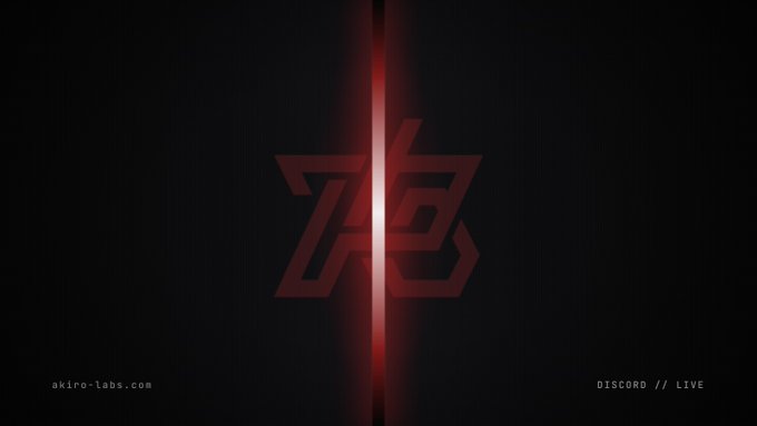 A dark background featuring the Akiro Labs logo—a stylized "AB" emblem in red—split down the center by a glowing red light, with "akiro-labs.com" and "DISCORD // LIVE" text in the bottom corners. The dramatic reveal imagery ties into the post's message about the Discord community launching and hinting at hidden content for early members.