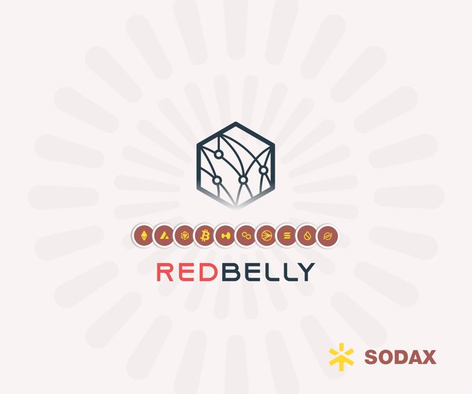 The image features a logo for Redbelly Network that includes a hexagon shape surrounded by circles representing different cryptocurrencies such as Bitcoin, Ethereum, and others. The background color of the image is white with red rays radiating outwards from the center of the hexagon. Below the hexagon, there's text that reads "Redbelly" followed by "SODAX". This logo represents a partnership between SODAX and Redbelly Network to provide cross-chain liquidity services for various cryptocurrencies.