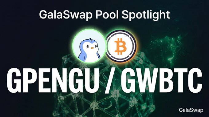 The main element that stands out in this image is a logo for GalaSwap Pool Spotlight, which includes two coins (a penguin and a Bitcoin) from different pools, one being the Penguin pool and the other the Bitcoin pool. The logo also features text that reads "GalaSwap Pool Spotlight" followed by two descriptions about each coin's value in terms of trading fees. These descriptions provide information about how these coins can be used for pooling purposes.