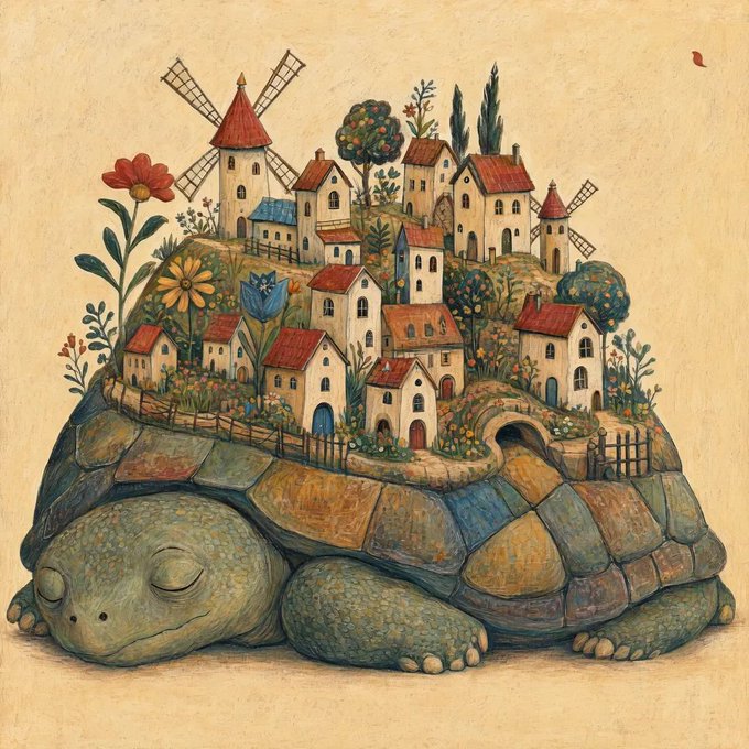 A whimsical illustration of a large tortoise carrying a charming village with houses, windmills, and flowers on its shell.