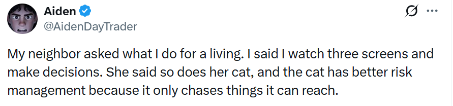 A tweet from verified user Aiden (@AidenDayTrader) jokes that watching three screens and making decisions as a day trader is undermined by his neighbor's cat, which has better risk management because it only chases things it can reach—humorously applying trading terminology to everyday life.