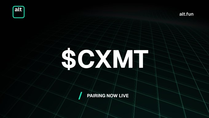 A sleek dark promotional graphic with a green grid background displays the ticker "$CXMT" in bold white text, with "PAIRING NOW LIVE" beneath it and the "alt.fun" logo in the top corner, visually announcing the launch of the new CXMT trading pair on the alt.fun platform.