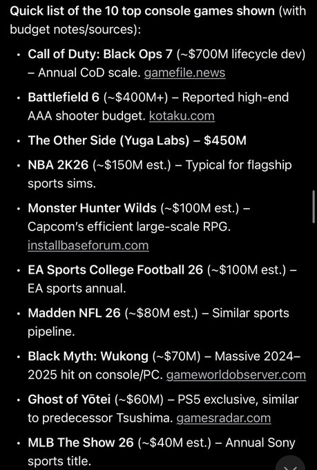 A screenshot of an open web page showing a list of various games with their budgets, including one called "The Other Side" (estimated at $450 million). The first item listed is a popular game called "Black Myth," which has been described as both a "Black myth" and a "Wukong" or ghost story. In this context, the words "games you probably have played" are used to describe some of these games.