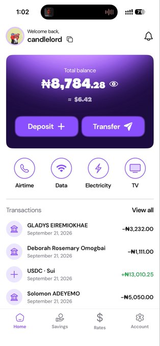 A mobile banking app screenshot for user 'candlelord' showing a total balance of ₦8,784.28 (≈ $6.42) with transactions including GLADYS EIREMIOKHAE (-₦3,232.00), Deborah Rosemary Omogbai (-₦1,111.00), USDC - Sui (+₦13,010.25), and Solomon ADEYEMO (-₦5,050.00).