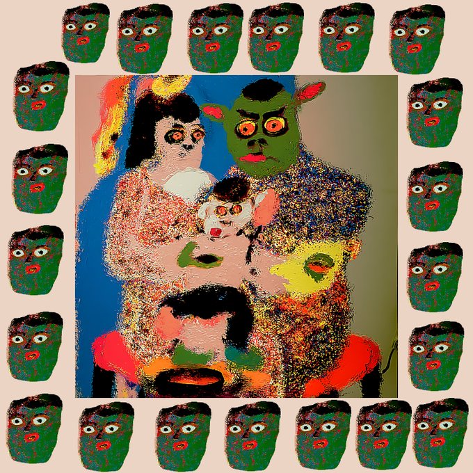 A colorful, surreal digital artwork featuring distorted figures is surrounded by a border of repeating green-faced mask illustrations on a beige background.