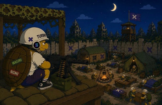 A pixel art scene depicting a turtle character wearing a 'TURBO' helmet with a machine gun at a fortified military camp, with 'WAGMI' and 'NGMI' patches on the shell.