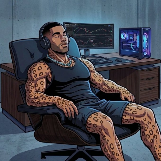 A cartoon-style illustration shows a man with leopard-print skin wearing a black tank top and shorts, reclining in a gaming chair with headphones on, in front of dual monitors displaying trading charts and a glowing PC tower.