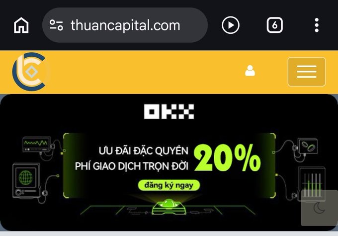 A mobile browser view of thuancapital.com featuring a yellow banner for OKX exchange with Vietnamese text advertising '20%' off trading fees for sign-ups.