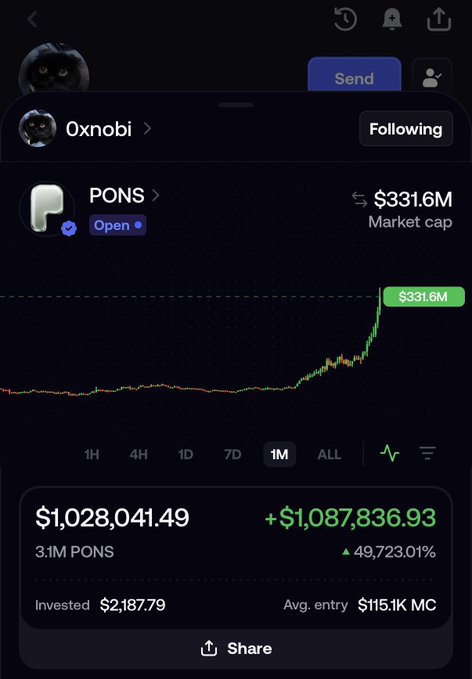A dark-themed trading app showing a massive gain on the token PONS, with a market cap of $331.6M, holdings worth $1,028,041.49, and a gain of +$1,087,836.93 (+49,723.01%).