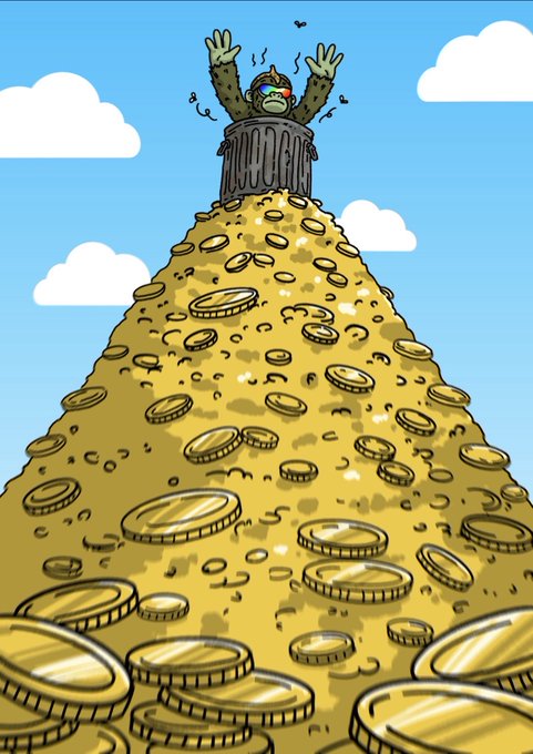 A cartoon green monkey character with rainbow glasses stands atop a giant pile of gold coins, emerging from a trash can with arms raised in celebration.