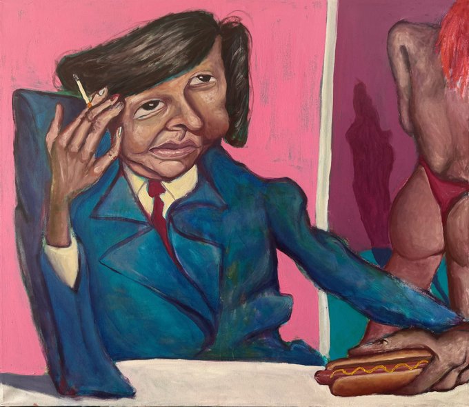 A surrealist painting of a person in a blue suit smoking a cigarette at a table, with an anatomical heart-like figure holding a hot dog beside them.
