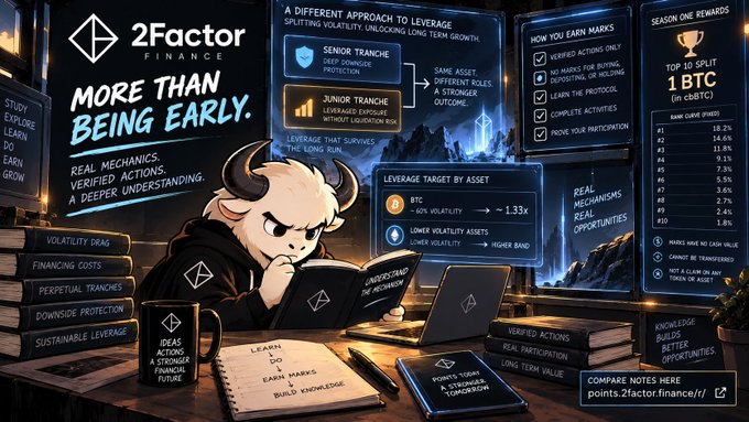The image is a stylized infographic-style illustration featuring a horned character reading a book, surrounded by floating screens and educational materials about 2Factor Finance's Marks program, with text including "MORE THAN BEING EARLY," "TOP 10 SPLIT 1 BTC," and "LEVERAGE TARGET BY ASSET" alongside a list of "STUDY, EXPLORE, LEARN, DO, EARN, GROW" on the left.

The image visually reinforces the post's message by emphasizing that 2Factor Finance's Marks program rewards verified actions and deeper understanding rather than simply being early, with phrases like "REAL MECHANISMS, VERIFIED ACTIONS, A DEEPER UNDERSTANDING" directly contrasting the common "being early" mindset in points programs.