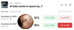 The image shows a computer screen with an AI logo, a weather forecast box, and two buttons labeled "AI" and "Space Center by...?". A large image of a planet is located within the weather forecast box, suggesting that AI technology has been used to create this visual representation for the post. The overall layout of the image emphasizes the link between AI and space exploration.