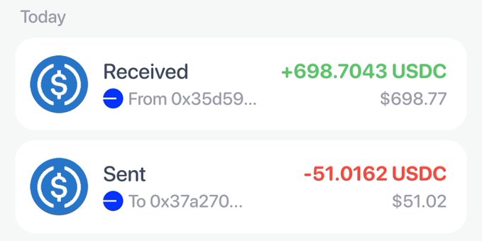 A digital wallet interface showing today's transactions: "Received +698.7043 USDC ($698.77)" and "Sent -51.0162 USDC ($51.02)" with USDC icons.