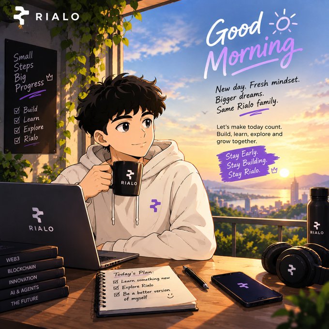 An illustrated promotional graphic for 'RIALO' shows an anime-style character drinking coffee at a desk with motivational text including 'Good Morning,' 'Small Steps Big Progress,' and 'Today's Plan' with checkboxes.