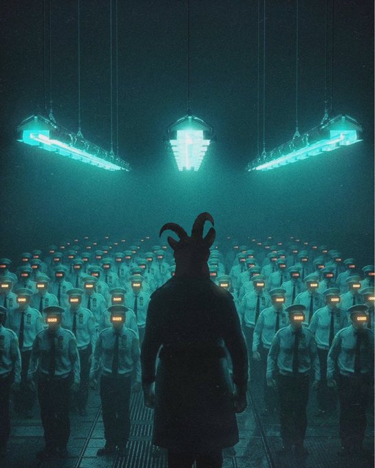 A dark, atmospheric sci-fi scene showing a silhouetted figure with bunny-like ears standing before a vast army of uniformed figures with glowing orange visors under teal fluorescent lights.