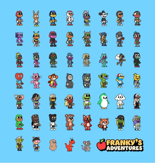 A light blue background displays a grid of cartoon characters in various costumes with the logo 'FRANKY'S ADVENTURES' in the corner.