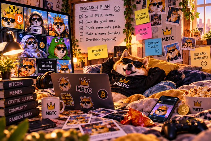 An AI-generated image of a Shiba Inu dog wearing sunglasses and a 'MBTC' shirt lounging on a bed with a laptop displaying 'MBTC' stickers, surrounded by Bitcoin-themed merchandise and a 'RESEARCH PLAN' whiteboard listing tasks like 'Scroll MBTC memes' and 'Make a meme (maybe)'.