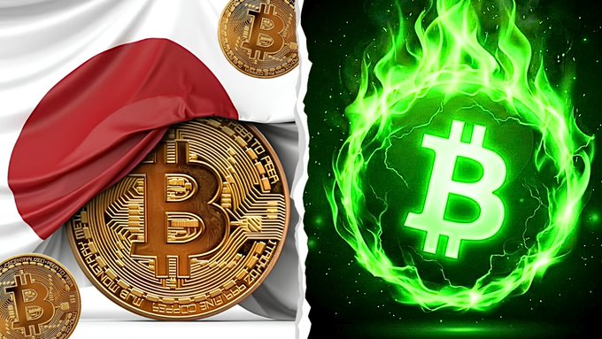 Split image contrasting Bitcoin coins with the Japanese flag on the left and a Bitcoin symbol engulfed in green flames on the right.