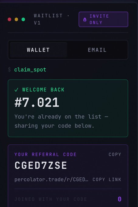 The image shows a mobile phone screen displaying a "maillist" status page from the social media platform PercolatorTrade. The screen has several elements, including a menu bar with options such as "invite only", "join wait list", "claim spot", and "invite back". There is also an option to copy links or access codes for other users, indicating that the user may have gained permission from someone else on the platform. The website address of the site can be found at the bottom right corner, with a link to a webpage named "maillist" within it.