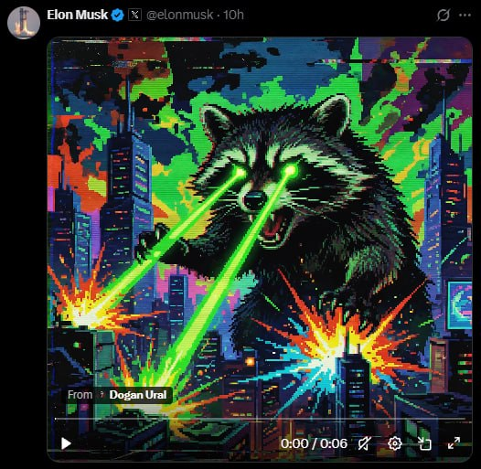 A screenshot of an Elon Musk tweet (@elonmusk, posted 10h ago) featuring a 6-second video of a fierce raccoon shooting neon green laser beams from its eyes at a city skyline, credited to "Dogan Ural." The image relates to the post by showing the viral tweet that reportedly caused the meme coin $JIMOTHY to surge from ~$4M to over $18M in market cap.