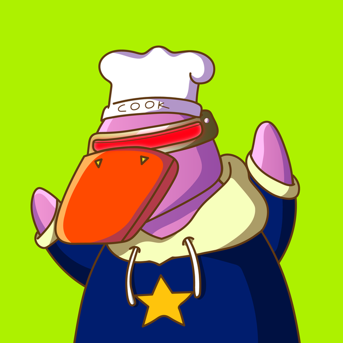 A cartoon illustration of a purple duck character dressed as a chef, wearing a white 'COOK' hat, red goggles, and a blue hoodie with a yellow star.