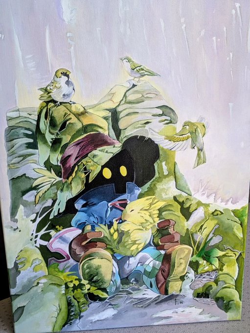 A watercolor painting featuring the Disney character Jiminy Cricket dressed as Peter Pan, surrounded by green leaves and small yellow birds.