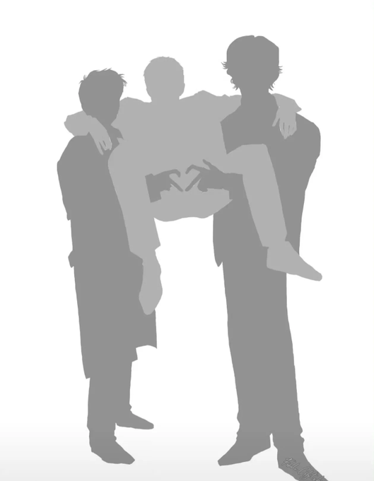 A gray silhouette graphic shows two men holding a woman between them, with their hands forming a heart shape over her chest.