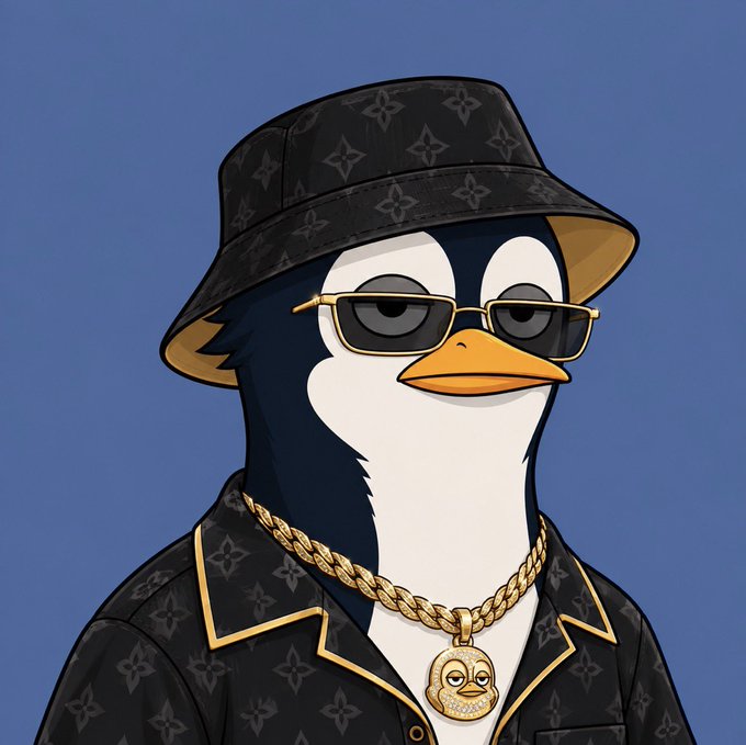 An animated penguin character wearing sunglasses, a black patterned bucket hat, a matching shirt, and a gold chain with a monkey pendant.