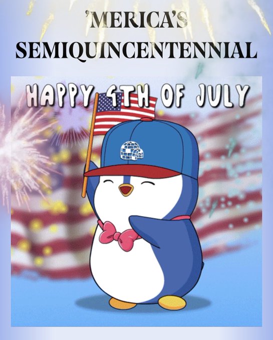 The image features a cartoon penguin wearing a blue hat with an American flag design. The penguin has its arms raised high above its head, as if waving or celebrating. The background of the image shows fireworks, which adds to the festive atmosphere. The text on the image reads "Happy 4th of July" and "Lil Pudgy NFT gif".