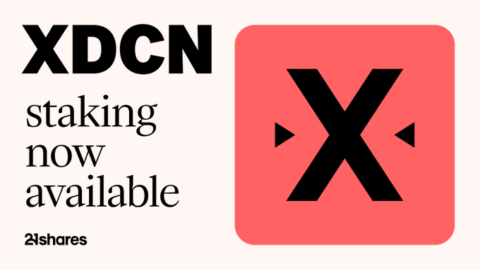 A promotional graphic features a black 'X' logo on a coral-pink square background, with text reading 'XDCN staking now available' and the '21shares' logo.