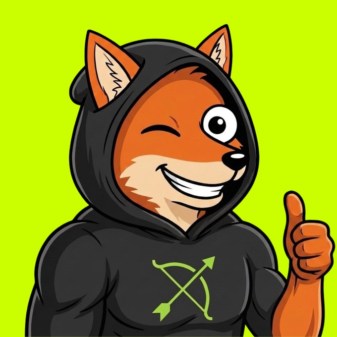 A cartoon fox mascot in a black hoodie winks and gives a thumbs-up, with a green bow and arrow logo on its chest, symbolizing the token burns and community-driven push to "Valhalla" referenced in the post.