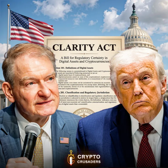 The image shows Paul Atkins and Donald Trump superimposed over a document titled "CLARITY ACT: A Bill for Regulatory Certainty in Digital Assets and Cryptocurrencies," with the US Capitol building and American flag in the background. This visual highlights the key figures and the proposed legislation relevant to the accompanying post about passing the Crypto Clarity Act.