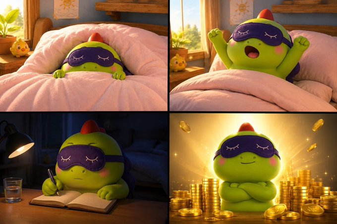The image features a collage of four photos depicting a green turtle wearing a sleep mask sitting on a bed with its arms crossed while sleeping, as well as another photo showing the same turtle with an open book next to it. The fourth photo shows the turtle in a different position, with its head resting on a gold coin and its eyes closed.

The post is about a cryptocurrency called Sleepagotchi that rewards users for improving their sleep habits by tracking their screen time and rewarding them with virtual coins or tokens when they achieve certain goals related to sleep, such as reducing screen time before bedtime or maintaining consistent sleep schedules. The focus on sleep improvement aligns well with the primary message of the post, which is to encourage better sleep habits through a fun and engaging approach rather than promoting excessive screen time or trading in traditional ways.