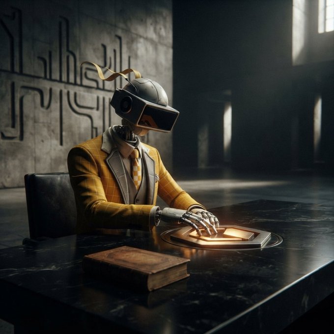 A digital artwork of a humanoid figure wearing a yellow checkered suit and a VR headset, seated at a dark marble table with metallic hands touching a glowing emblem.