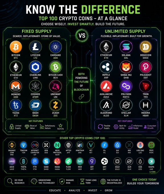 Educational infographic titled 'KNOW THE DIFFERENCE' comparing the 'TOP 100 CRYPTO COINS,' contrasting Fixed Supply coins (Bitcoin, Litecoin, Cardano, Ethereum, etc.) with Unlimited Supply coins (Solana, Dogecoin, Shiba Inu, etc.), with the tagline 'CHOOSE WISELY. INVEST SMARTLY. BUILD THE FUTURE.'