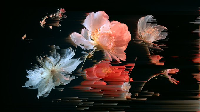 An artistic image featuring pink and white flowers with a digital glitch effect, showing horizontal pixelated distortions across a black background.