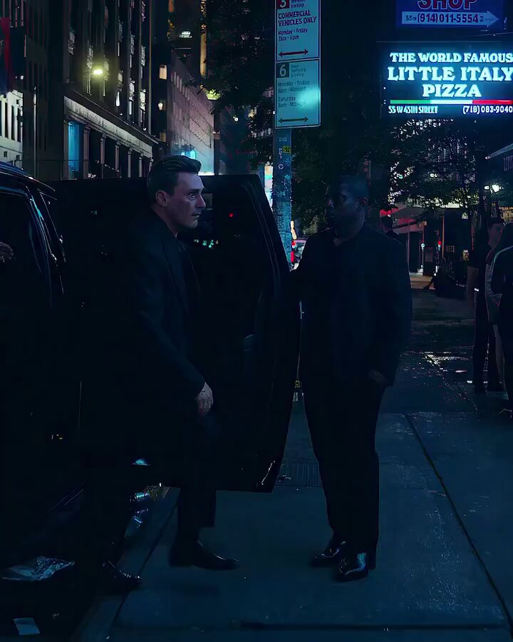 The image shows a man wearing a suit standing next to another man who is opening his car door, possibly getting out of it. The scene takes place at night with city lights illuminating the area around them. There are also other people visible in the background, adding to the urban atmosphere. The post about XRP being undervalued and its potential as an investment seems unrelated to this specific image or situation.