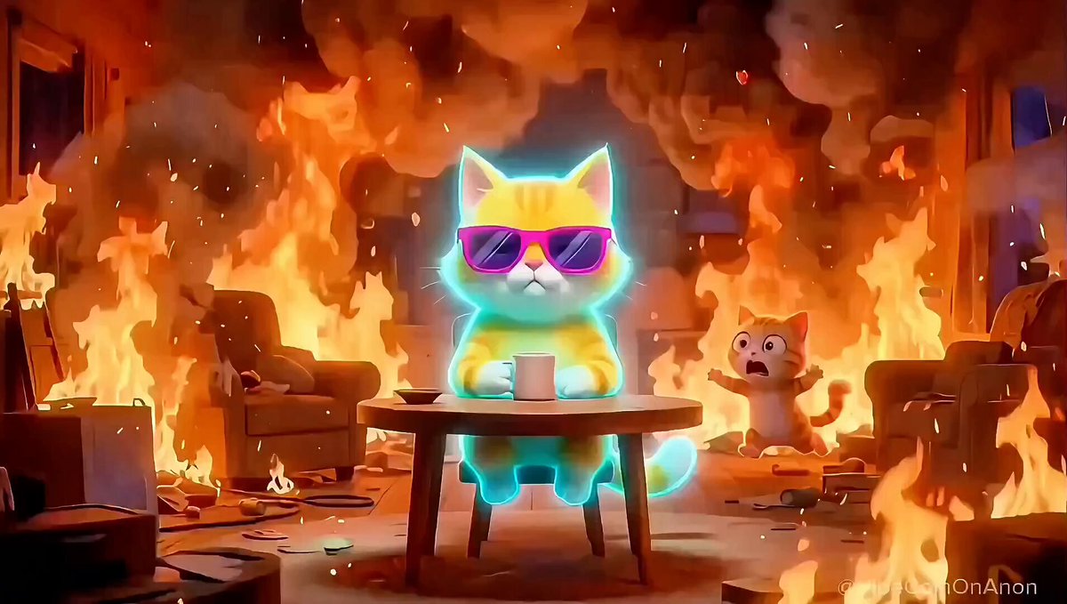 The image features a cartoon cat sitting at a table with sunglasses on its face, holding a cup of coffee. In front of the cat are two other cats, one wearing a red shirt and another wearing a blue shirt. The background shows a scene of chaos, including burning furniture and flames in various sizes and colors. The caption reads "When chaos hits, the vibe stays chill."