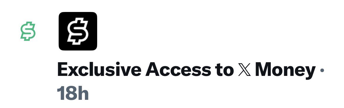 A screenshot of an X (formerly Twitter) post showing a Cash App-style logo alongside the bold black text "Exclusive Access to X Money," posted 18 hours ago, which the user references as their excitement after ordering an @XMoney debit card and welcoming the "Everything App."