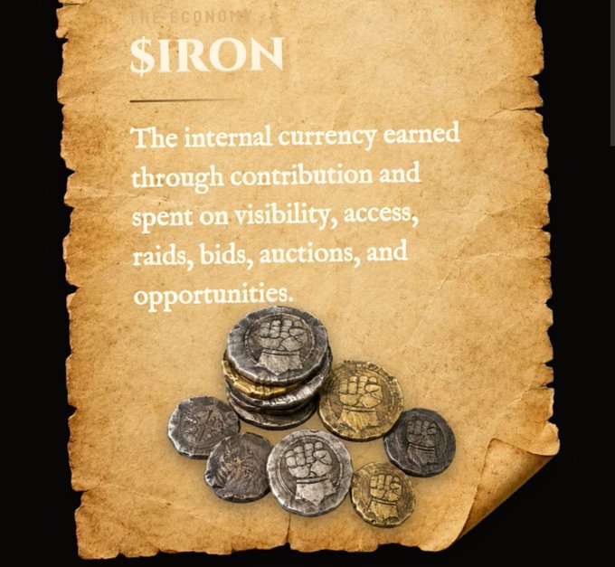 A parchment-style informational graphic titled 'ŞİRON', defining it as 'The internal currency earned through contribution and spent on visibility, access, raids, bids, auctions, and opportunities,' with an image of silver coins stamped with a fist design.