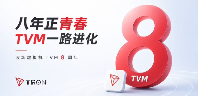 A promotional poster for TRON's 8th anniversary featuring large red '8' and Chinese text '八年正青春 TVM一路进化' meaning 'Eight years of youth, TVM's evolution,' along with '波场虚拟机 TVM 8 周年'.